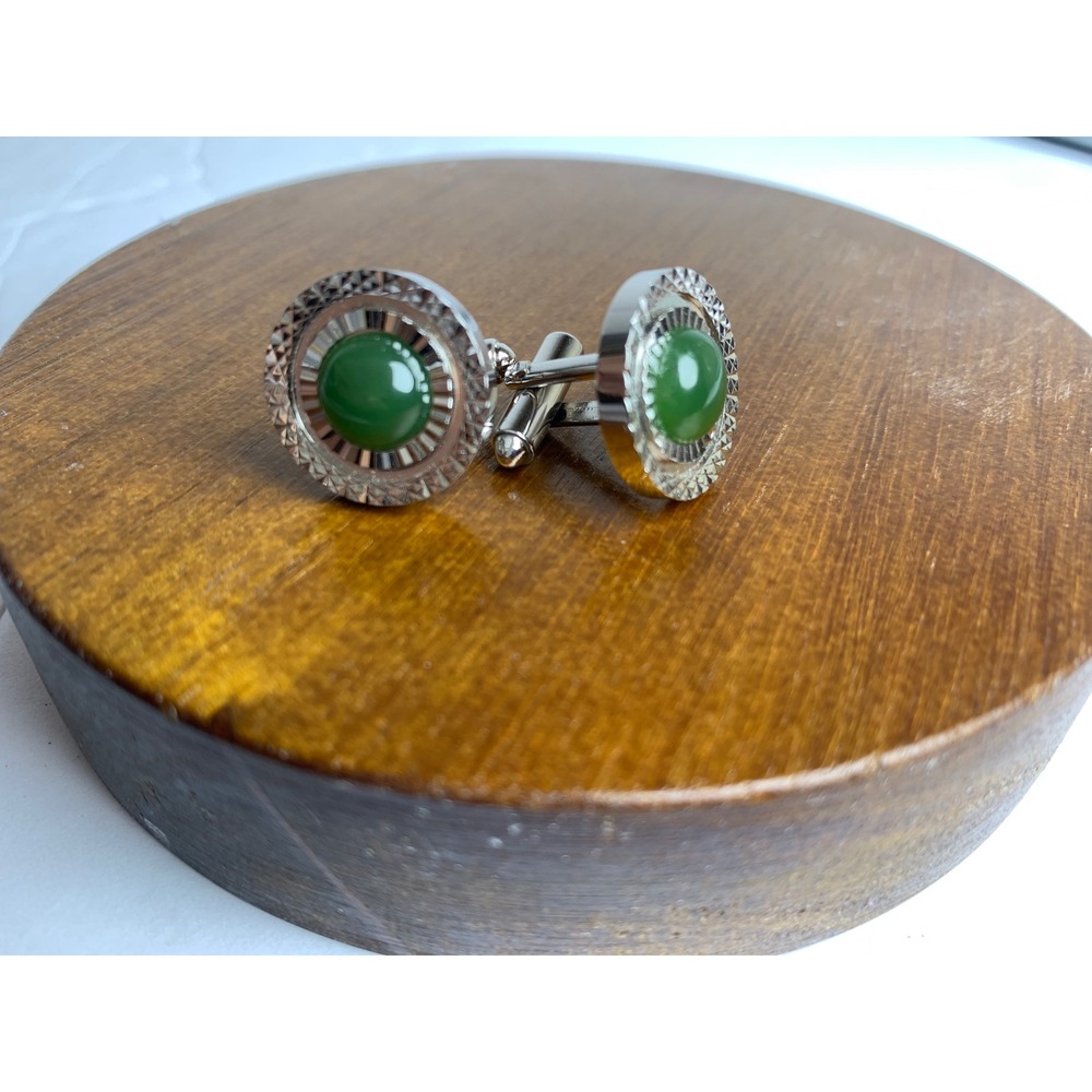 Vintage Silver Tone Green Cabochon Sunburst Round Cufflinks Formal Accessory